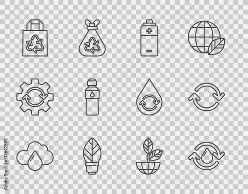 Set line Cloud with rain, Recycle clean aqua, Battery, Light bulb leaf, Paper bag recycle, Bottle of water, Earth globe and plant and Refresh icon. Vector