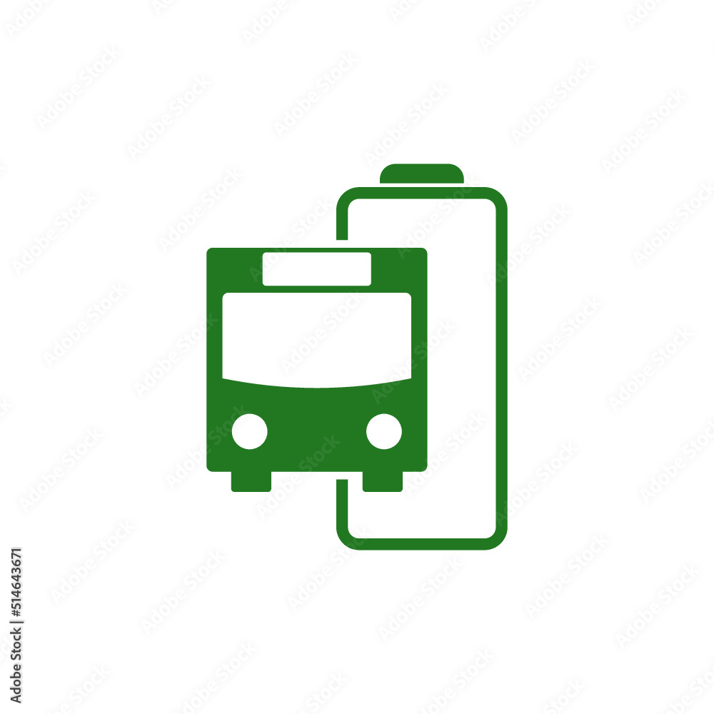 Electric bus with fully charged battery energy indicator icon isolated on white background Electric bus with fully charged battery energy indicator icon isolated on white background