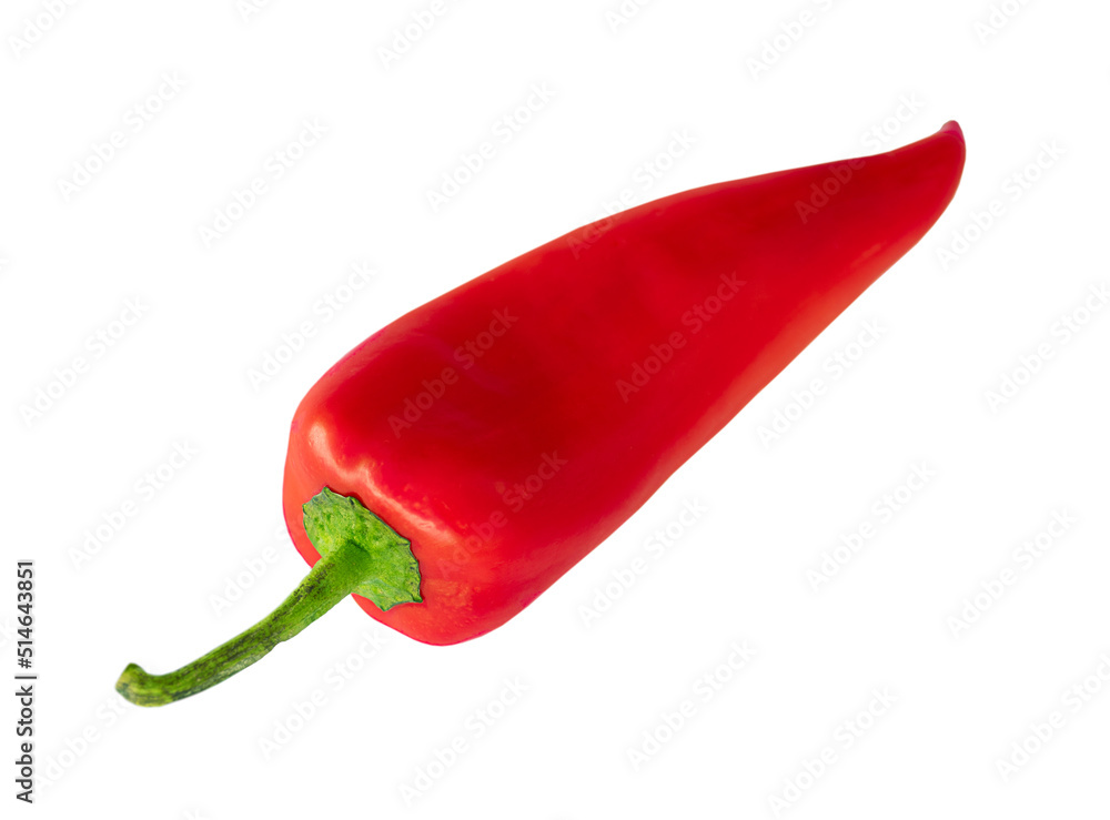 One red pepper close-up isolated on a white background.