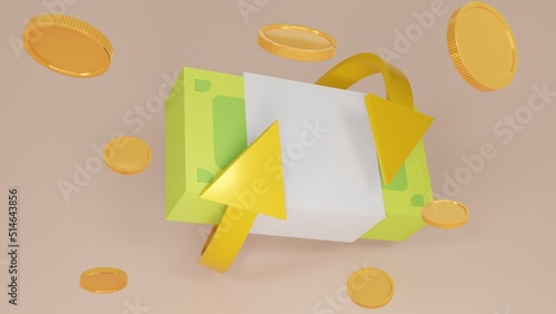 Money banknote Gold coins explosion with gold arrows .Cash back. coins in different positions.Cashback and banking,money-saving.empty copy space.3D rendering illustration.