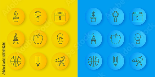 Set line Basketball ball, Drawing compass, Apple, Telescope, Light bulb with concept of idea, Plant pot, Calendar first september date and Magnifying glass icon. Vector