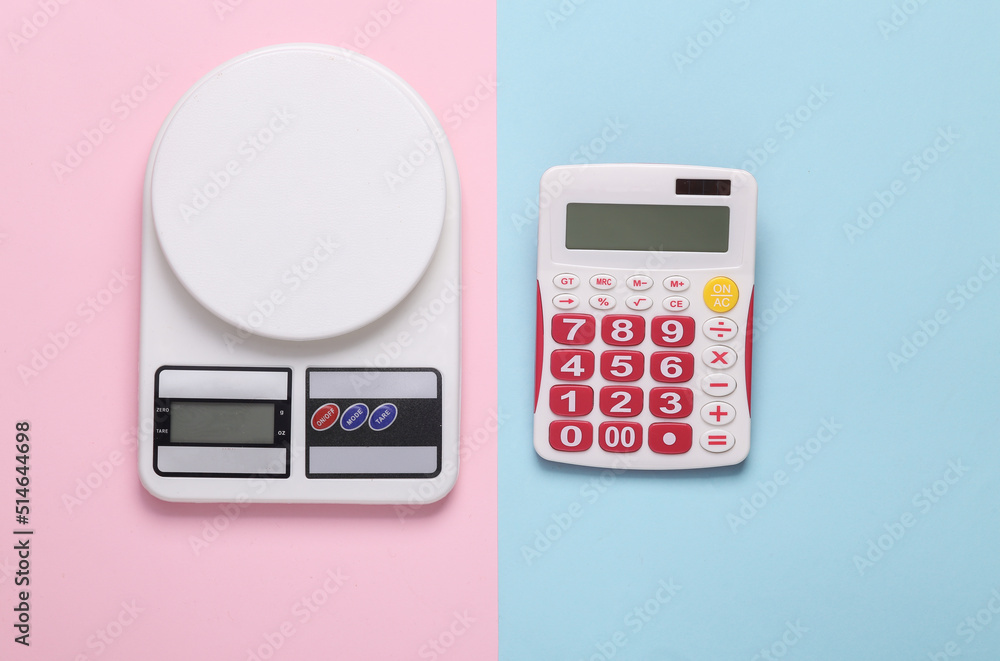Kitchen scales with calculator on a yellow background. Diet, weight loss, calorie counting concert. Top view. Flat lay Kitchen scales with calculator on a yellow background. Diet, weight loss, calorie counting concert. Top view. Flat lay