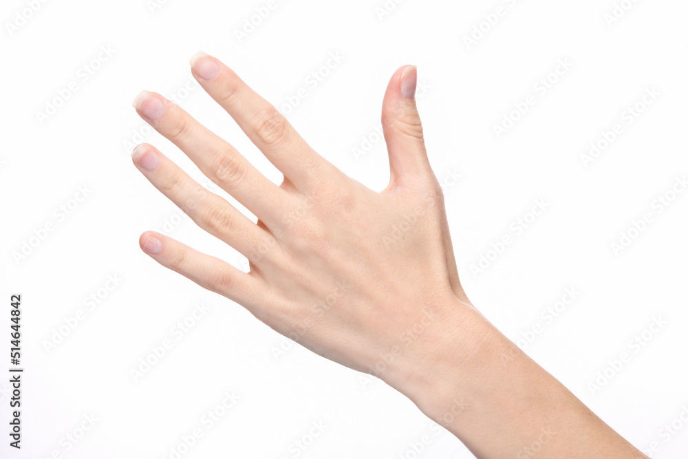 Female hand shows five fingers isolated on white background.