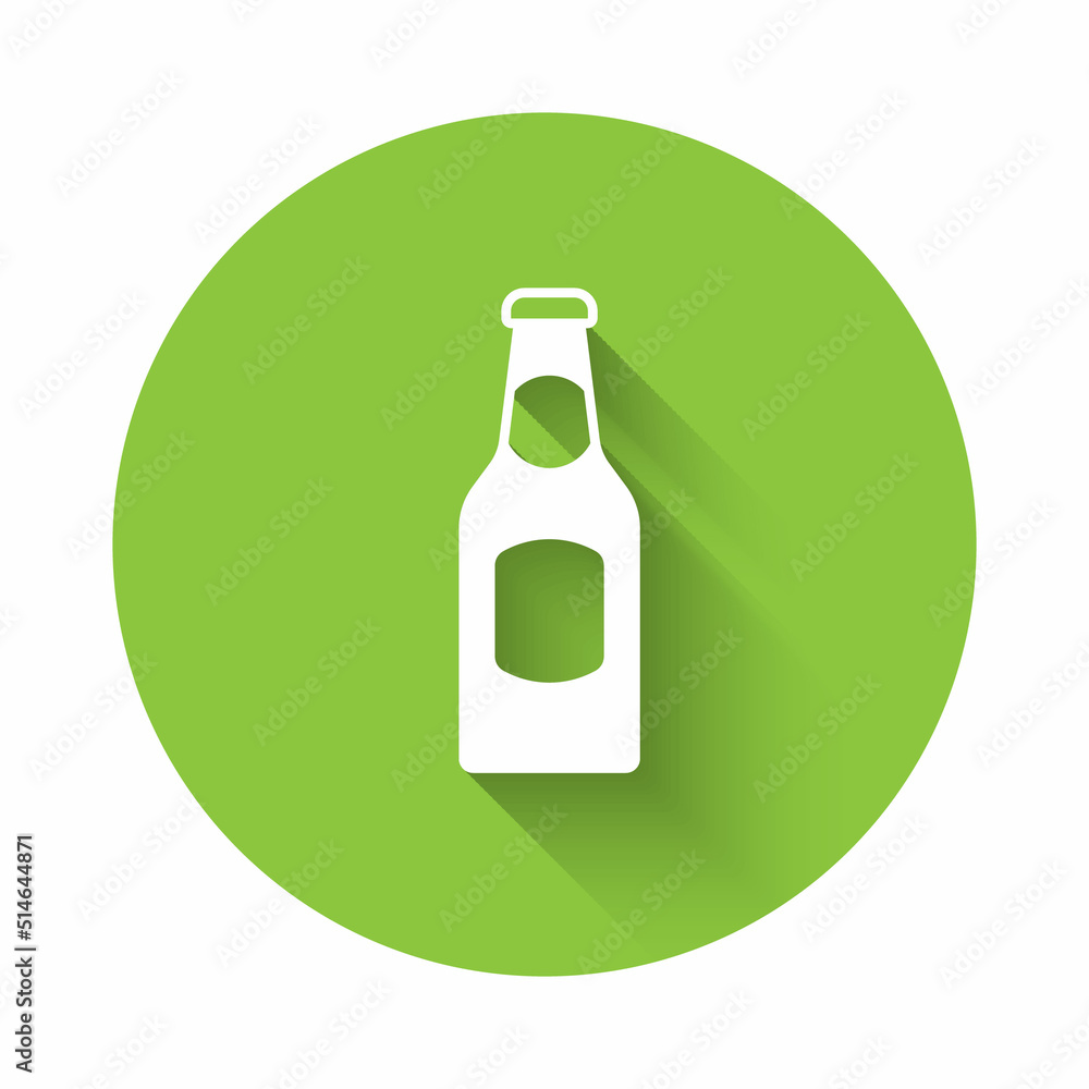 White Beer bottle icon isolated with long shadow background. Green circle button. Vector White Beer bottle icon isolated with long shadow background. Green circle button. Vector