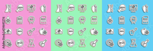 Set line Genetically modified meat, apple, GMO, engineering modification, DNA research, search and Label for bio healthy food icon. Vector