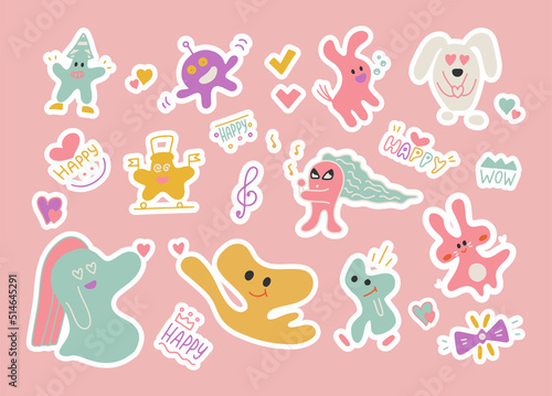 Set of hand drawn doodle sticker different form animals and abstract elements. Vector texture in childish style great for fabric and textile, wallpaper, background.