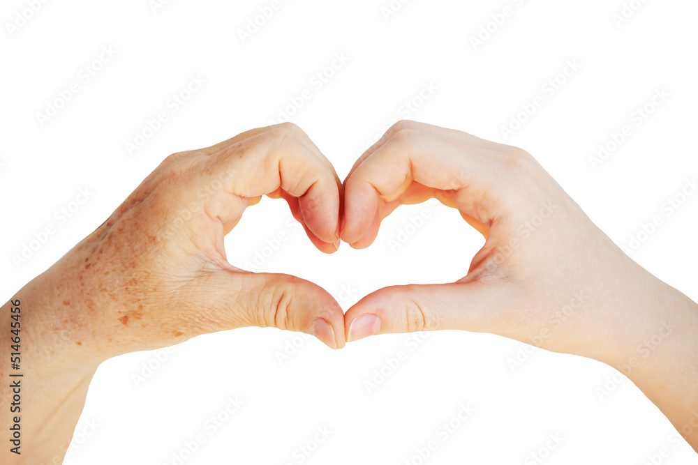 Young and old hands in heart form isolated on white background. Love, care elderly people, philanthropy kindness to disabled concept. Public Service Recognition Week, Mother's day Young and old hands in heart form isolated on white background. Love, care elderly people, philanthropy kindness to disabled concept. Public Service Recognition Week, Mother's day