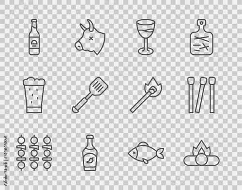 Set line Grilled shish kebab, Campfire, Wine glass, Ketchup bottle, Beer, Spatula, Fish and Matches icon. Vector