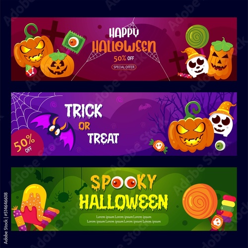 Set of Halloween sale promotion banner. Invitation card, greeting with spooky pumpkin, bat, candy vector. Spooky halloween banner