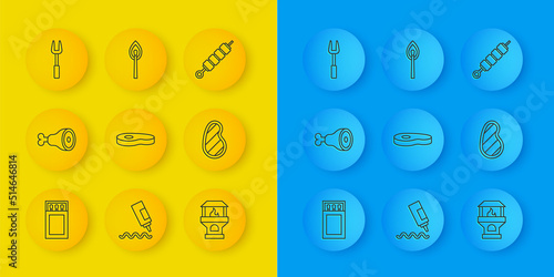 Set line Matchbox and matches, Chicken leg, Steak meat, Brick stove, Barbecue fork, Grilled shish kebab and Burning with fire icon. Vector
