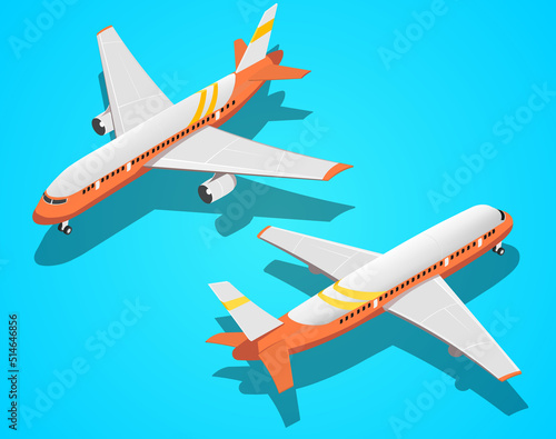 Set of isometric passenger aircraft, airplane isolated on a blue background. Isometric air transport. Air passenger transportation. Vector illustration