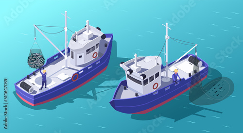 Isometric seiner hunting fish. Concept of industry ship in working process. Commercial and Industrial fishing. Vector graphic illustration photo