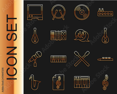 Set line Treble clef, Drum and drum sticks, Guitar, Vinyl disk, Accordion, Voice assistant and Music note, tone icon. Vector