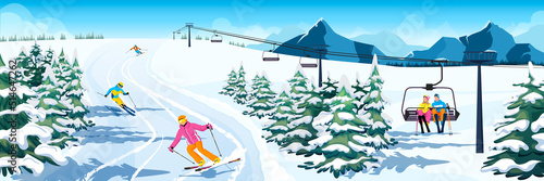 Advanced skier slides near mountain downhill. Sports descent on skis in mountains hills. Winter activity. Skiing in winter Alps. Winter sport resort with mountain landscape. Vector illustration