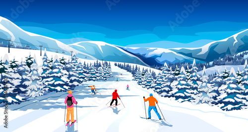Advanced skier slides near mountain downhill. Sports descent on skis in mountains hills. Winter activity. Skiing in winter Alps. Winter sport resort with mountain landscape. Vector illustration