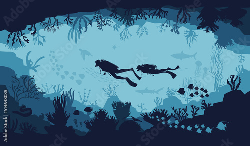 silhouette of coral reef with fish and divers on blue sea background underwater vector illustration	