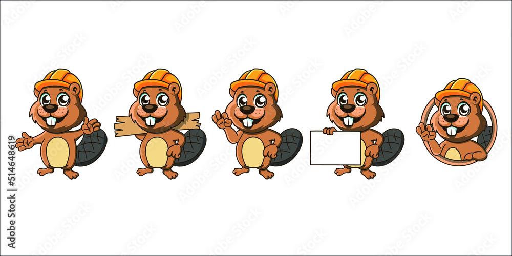 Cartoon happy Beaver Mascot Set Stock Vector Adobe Stock