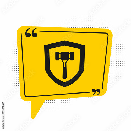 Black Auction hammer icon isolated on white background. Gavel - hammer of judge or auctioneer. Bidding process, deal done. Auction bidding. Yellow speech bubble symbol. Vector