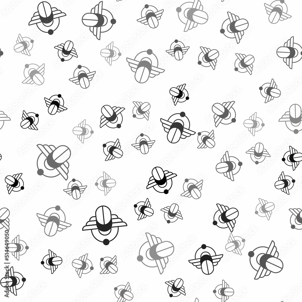 Black Egyptian Scarab icon isolated seamless pattern on white background. Winged scarab Beetle and sun. Vector Black Egyptian Scarab icon isolated seamless pattern on white background. Winged scarab Beetle and sun. Vector