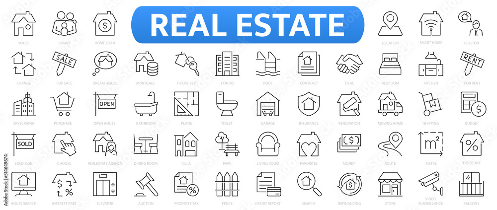 Real estate icons set. Set of 55 Real estate outline icons collection. Rent, building, agent, house, auction, realtor, property, mortgage, home and more.