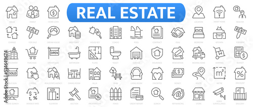 Real estate icons set. Set of 55 Real estate outline icons collection. Rent, building, agent, house, auction, realtor, property, mortgage, home and more. photo
