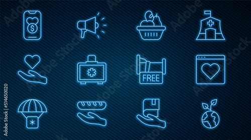 Set line Volunteer team planting trees, Dating app online, Donation food box, First aid kit, Heart hand, charity, Free overnight stay house and Megaphone icon. Vector