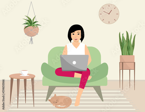 A happy woman is sitting in a chair in a home interior with a laptop and cat. Flat vector illustration