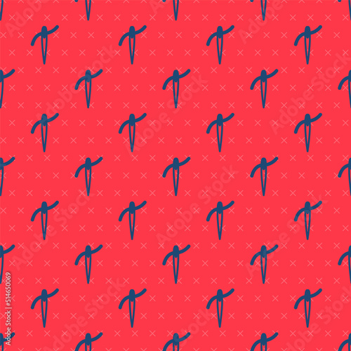 Blue line Needle for sewing with thread icon isolated seamless pattern on red background. Tailor symbol. Textile sew up craft sign. Embroidery tool. Vector
