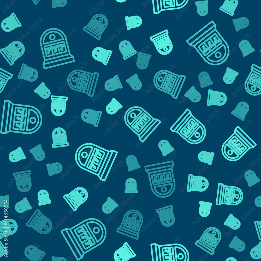 Green line Slot machine with lucky sevens jackpot icon isolated seamless pattern on blue background. Vector Green line Slot machine with lucky sevens jackpot icon isolated seamless pattern on blue background. Vector