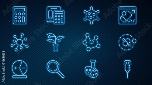 Set line Syringe, Atom, Virus, Plant breeding, Molecule, Calculator, Chemical formula and icon. Vector