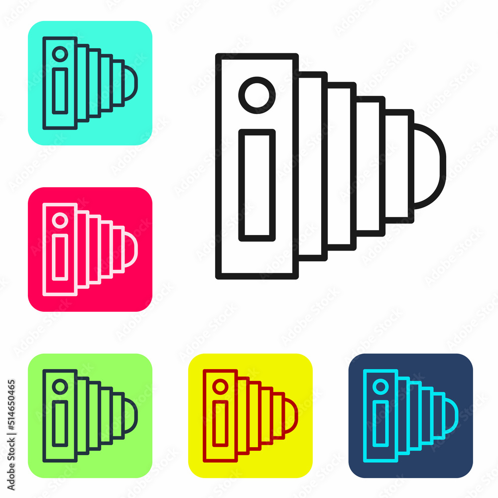 Obraz premium Black line Photo camera icon isolated on white background. Foto camera. Digital photography. Set icons in color square buttons. Vector
