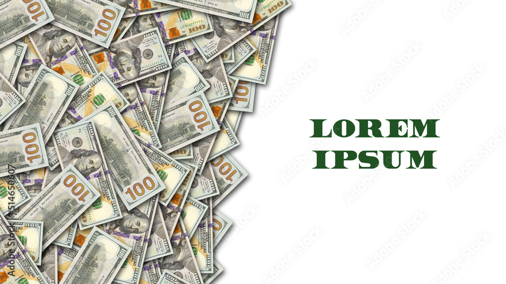 Financial american 3d illustration. Large heap of US 100 dollar banknotes. Empty white space in the right. Sample economic poster. Lorem ipsum