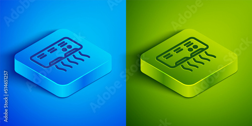 Isometric line Air conditioner icon isolated on blue and green background. Split system air conditioning. Cool and cold climate control system. Square button. Vector