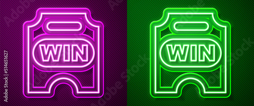 Glowing neon line Circus ticket icon isolated on purple and green background. Amusement park. Vector