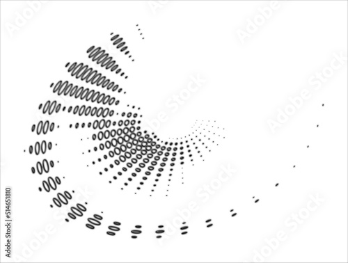 Halftone dotted bubbling spiral with radial beams. Melted edges of bubbles. For logos, signs, emblems. Vector.