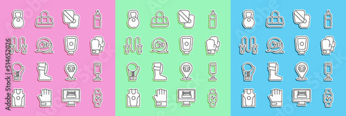 Set line Smart watch with heart, Punching bag, Boxing glove, training paws, Jump rope, Weight and icon. Vector