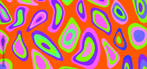 Psychedelic groovy background with colorful melting blobs and circles in retro 60s hippie art style.