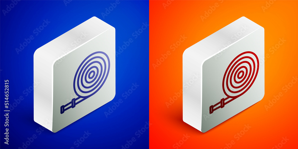 Isometric line Fire hose reel icon isolated on blue and orange background. Silver square button. Vector Isometric line Fire hose reel icon isolated on blue and orange background. Silver square button. Vector