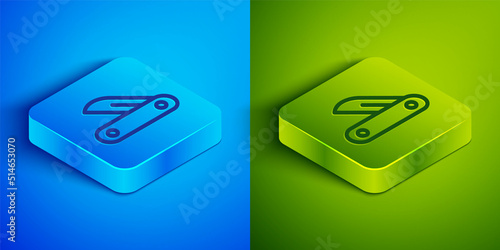Isometric line Swiss army knife icon isolated on blue and green background. Multi-tool, multipurpose penknife. Multifunctional tool. Square button. Vector