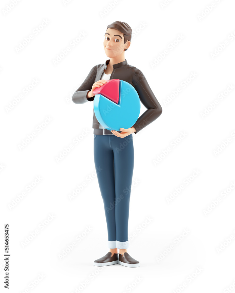 3d cartoon man standing with pie chart 3d cartoon man standing with pie chart