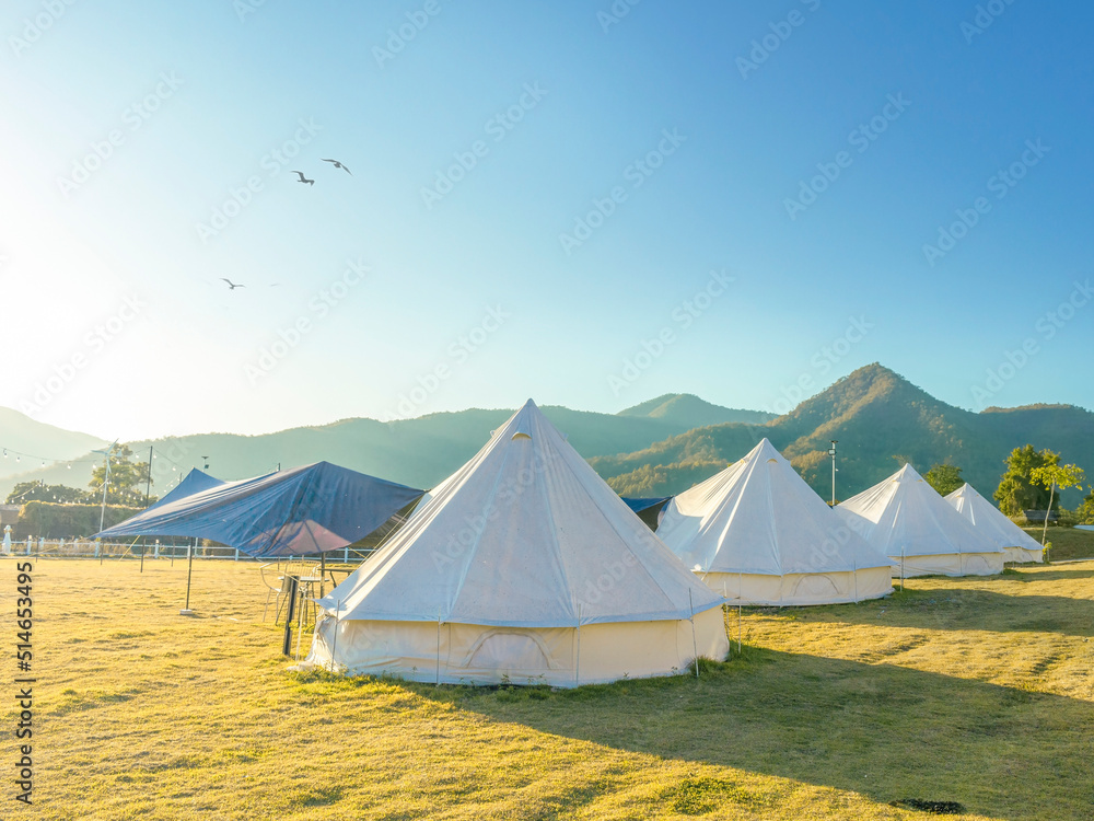 Natural camping resort at sunset blue sky background