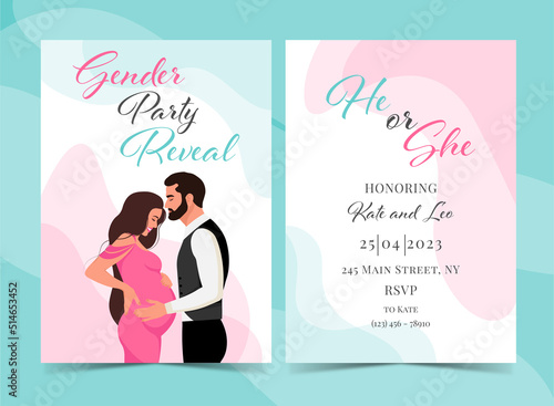 Invitation for gender reveal party with couple, happy parents. Poster with pregnant mother and dad. Vector flat illustration for card, , design, flyer, poster, decor, banner, web, advertising.