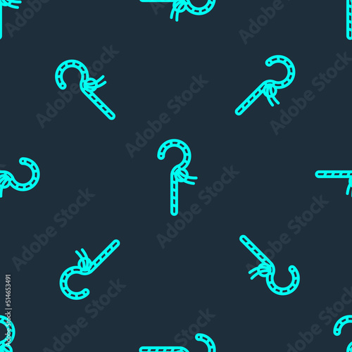 Green line Crook icon isolated seamless pattern on blue background. Ancient Egypt symbol. Scepters of egypt. Vector