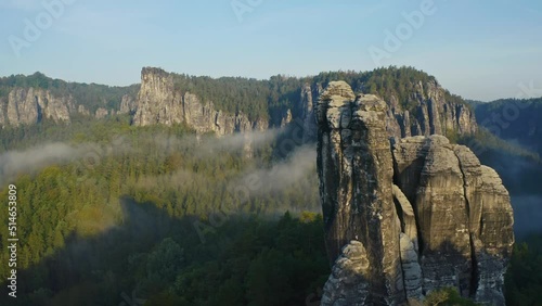 SAXON SWITZERLAND, Sächsische Schweiz, GERMANY. Aerial View by day. Beautiful tourist destination and attraction from above. 4K drone.  (Fall 2021, Original 4K)