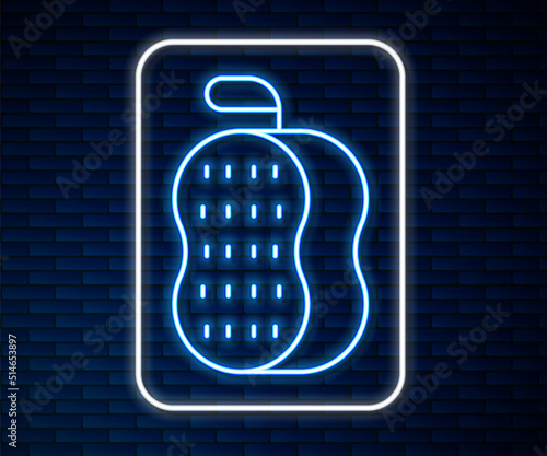 Glowing neon line Washcloth icon isolated on brick wall background. Bath house sauna washcloth sign. Item for pleasure and relaxing. Vector