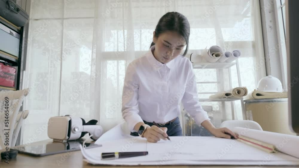 4K resolution Asian female architect or engineer designer working with blueprint planning on workplace. Architect woman working in office. 4K resolution Asian female architect or engineer designer working with blueprint planning on workplace. Architect woman working in office.