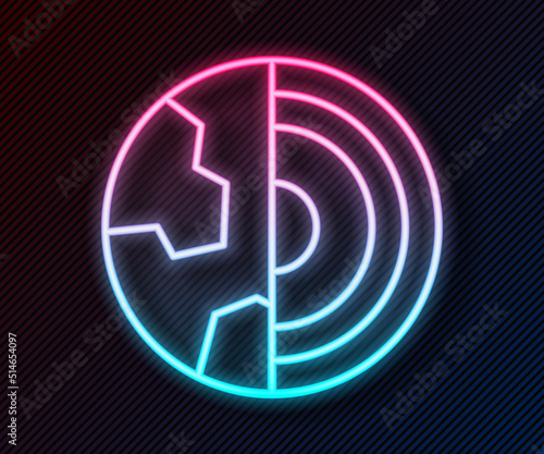 Glowing neon line Earth core structure crust icon isolated on black background. Vector
