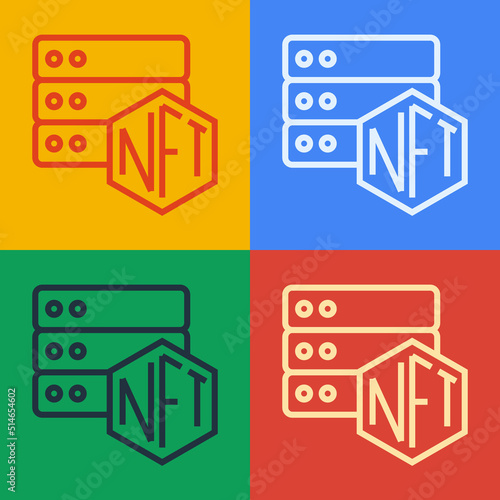 Pop art line NFT blockchain technology icon isolated on color background. Non fungible token. Digital crypto art concept. Vector