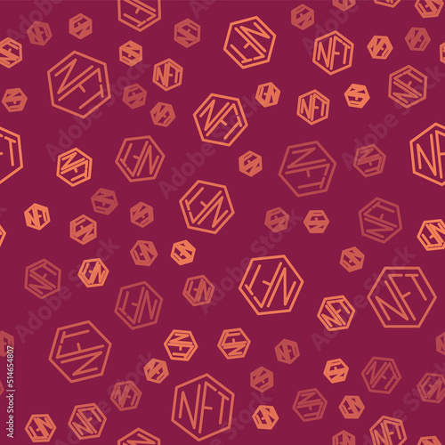 Brown line NFT Digital crypto art icon isolated seamless pattern on red background. Non fungible token. Vector