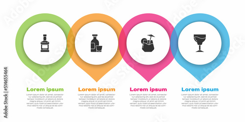 Set Whiskey bottle, Alcohol drink Rum, Cocktail and Wine glass. Business infographic template. Vector